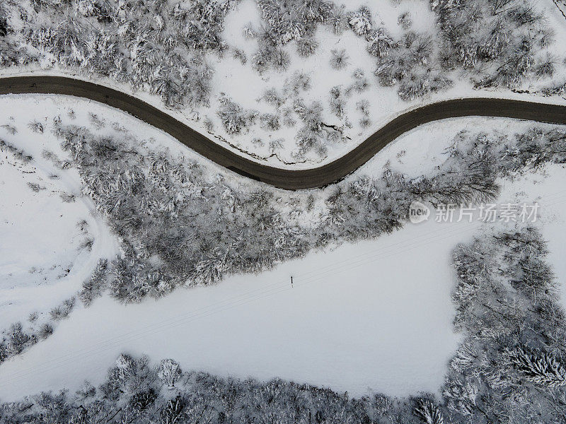 从无人机视角看冰雪景观中蜿蜒的单行道