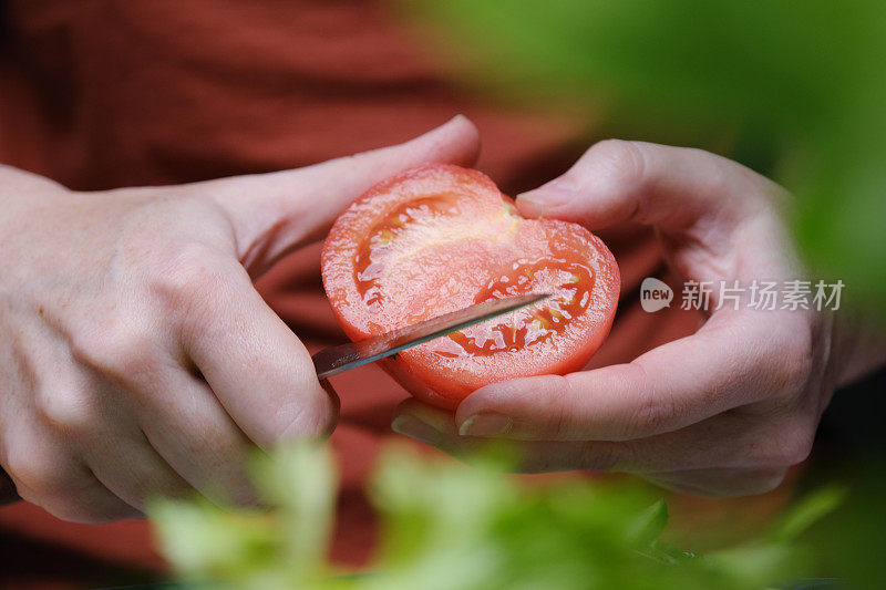 人类的双手正在做新鲜蔬菜沙拉