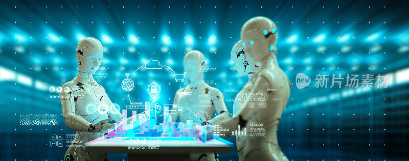 AI计算机技术智能工厂、工业4.0、智慧城市网络安全、三维人形机器人与机器在工厂工作、人工智能未来产业工程