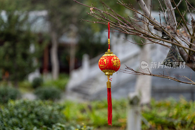 春节期间，红灯笼挂在寺庙里