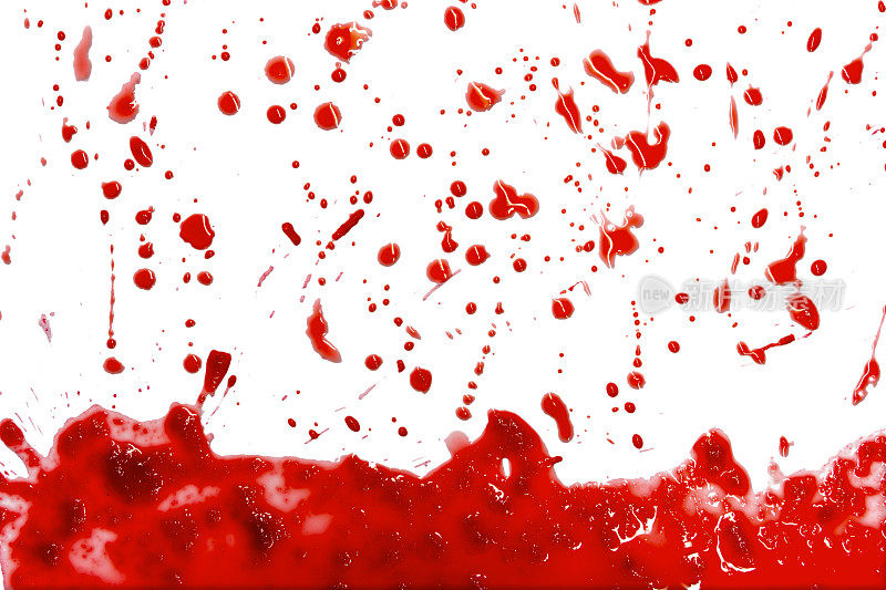 特写，红色的血滴被隔离在白色的背景上，抽象的图案