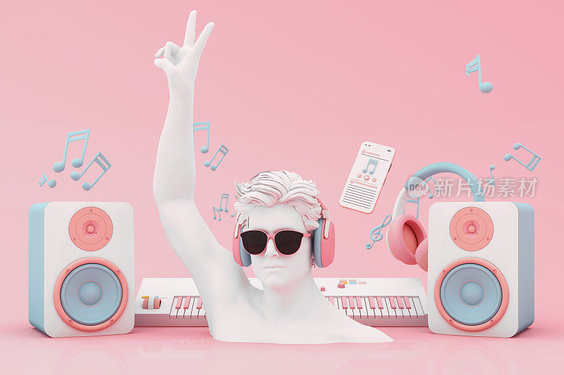 耳机和智能手机与音乐笔记漂浮在粉红色的背景周围扬声器与乐器。概念有趣的歌曲或音乐节与人头雕塑。三维渲染