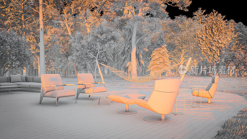 医院花园的3d模型，带有座位甲板和吊床，在日出时被大自然包围