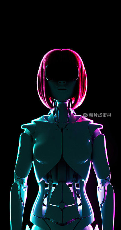 一个有着粉红色明亮头发的半机械人女孩被霓虹灯照亮