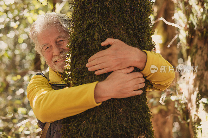 快乐的白人老人在树林里抱着长满青苔的树干享受徒步旅行的一天。尊重和保护自然，尊重我们的星球