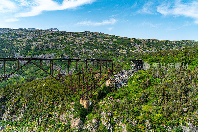 倒塌和废弃的桥梁，白口山顶游览火车在山区，阿拉斯加，美国。