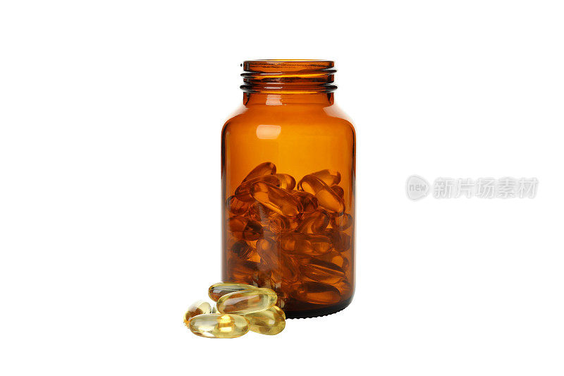 PNG，棕色瓶子与欧米茄药丸，分离在白色背景