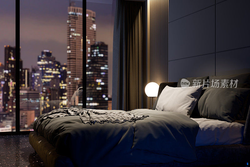 现代风格的豪华黑色主卧室与模糊的城市景观在夜间背景3d渲染