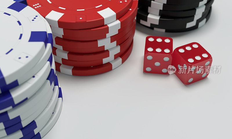 3d渲染扑克筹码和骰子孤立的白色背景