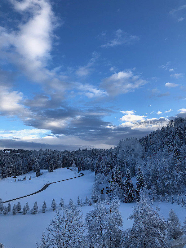 在欧洲阿尔卑斯山脉，冰雪覆盖的冬季景观和森林