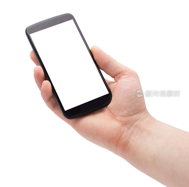 一名手持智能手机的男子在白色背景上拍摄孤立的照片。