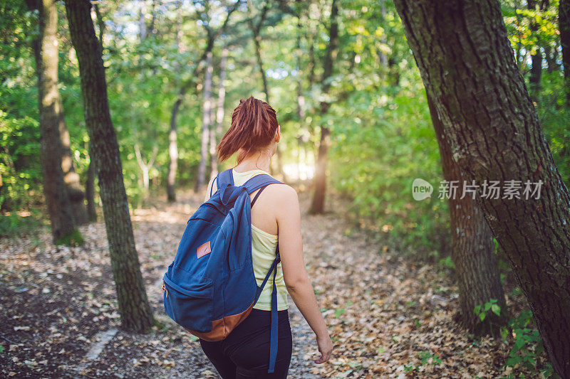 女背包客在森林小径上行走的背影照片。