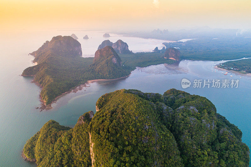 鸟瞰图拍摄热带美丽的海滩海与红树林在泰国南部