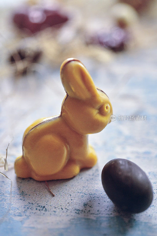 复活节装饰与巧克力兔子和复活节彩蛋在乡村背景