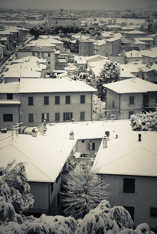 冬季全景图，1月份屋顶覆盖着积雪的房屋