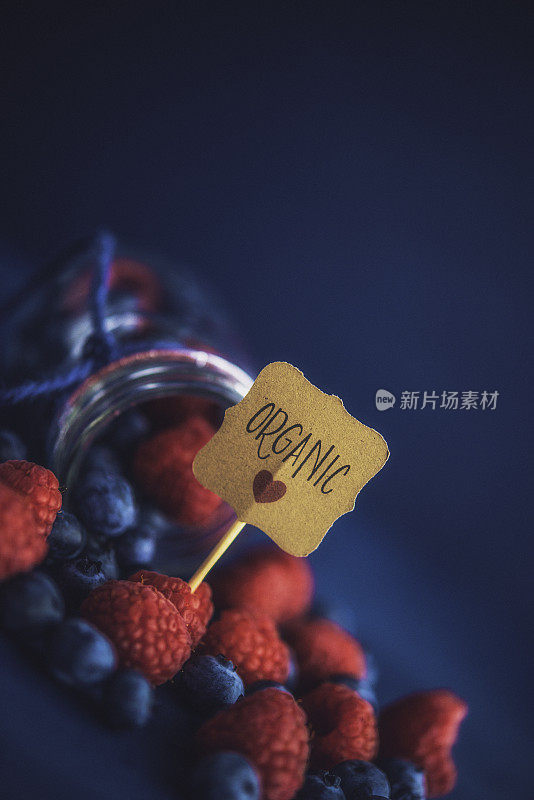 充满活力的有机树莓和蓝莓在玻璃罐与标志