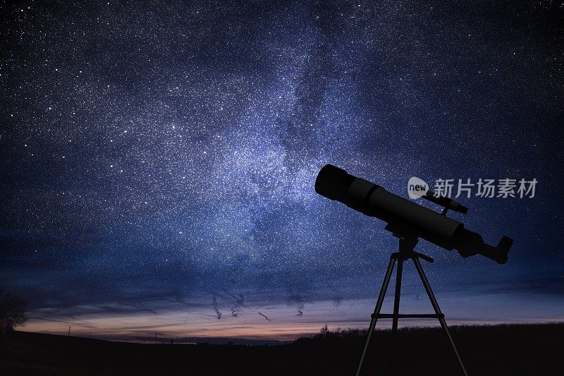 背景是望远镜和星空的剪影。天文学和恒星观测概念。