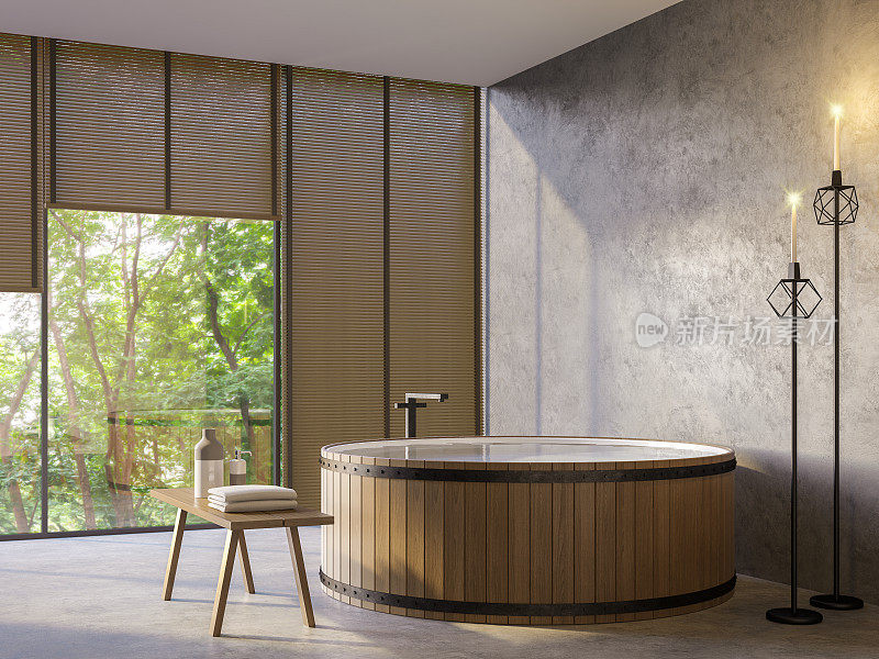 阁楼风格的浴室与自然视图3d渲染图像