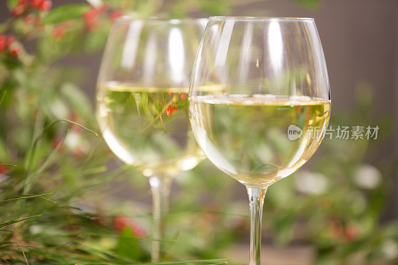 白葡萄酒，酒杯，冬青，松枝背景。假日优雅。