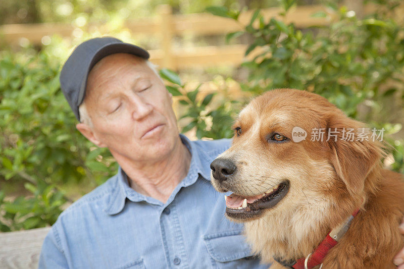 宠物:一位老人和他的宠物狗在外面。