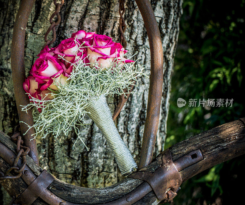 婚礼花束躺在树干上