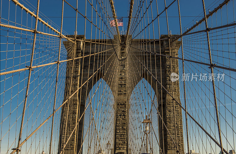 低角度的布鲁克林大桥在纽约市，纽约，美国