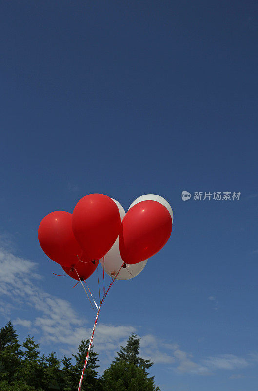 红色和白色的气球和蓝色的天空在夏天的加拿大日