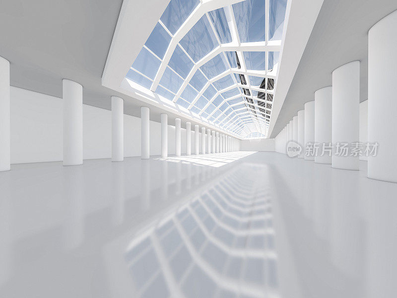 抽象的现代建筑背景，空旷的白色开放空间的室内。三维渲染
