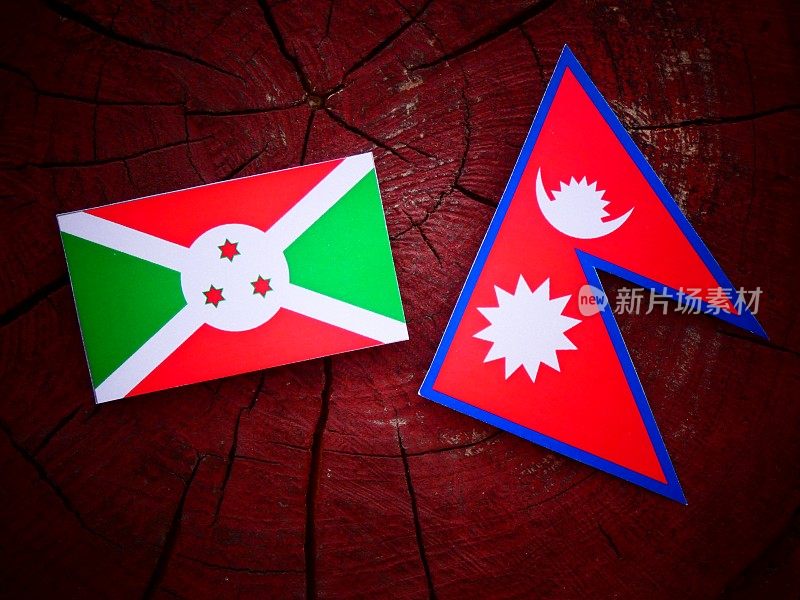 布隆迪国旗与尼泊尔国旗在一个树桩孤立