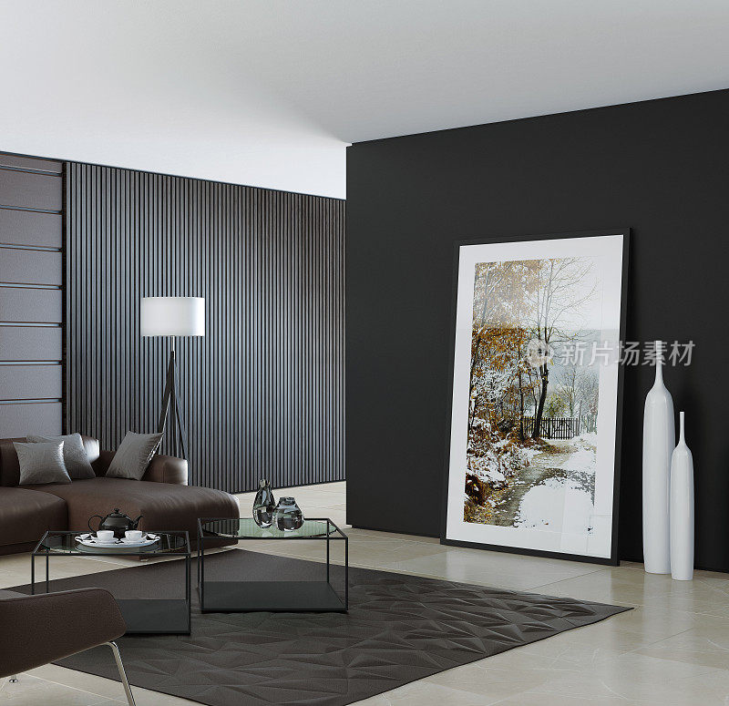 当代深色极简主义客厅内部与皮革棕色沙发