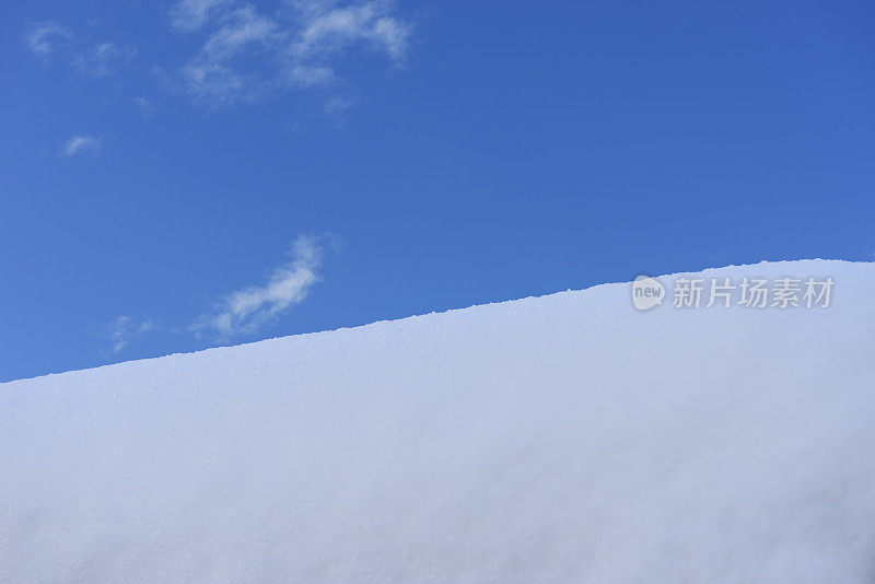 蓝色天空映衬着堆积的屋顶雪