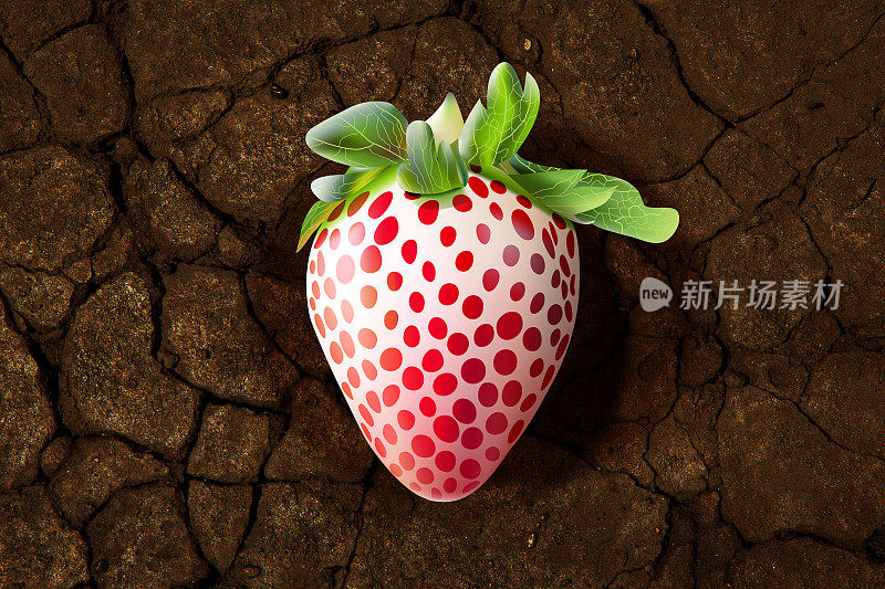 由基因工程技术生产的红白草莓，放置在棕色土壤上