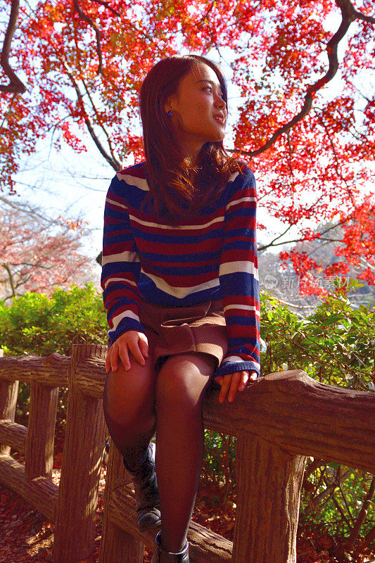 坐在日本东京猪城公园秋叶下的年轻女子