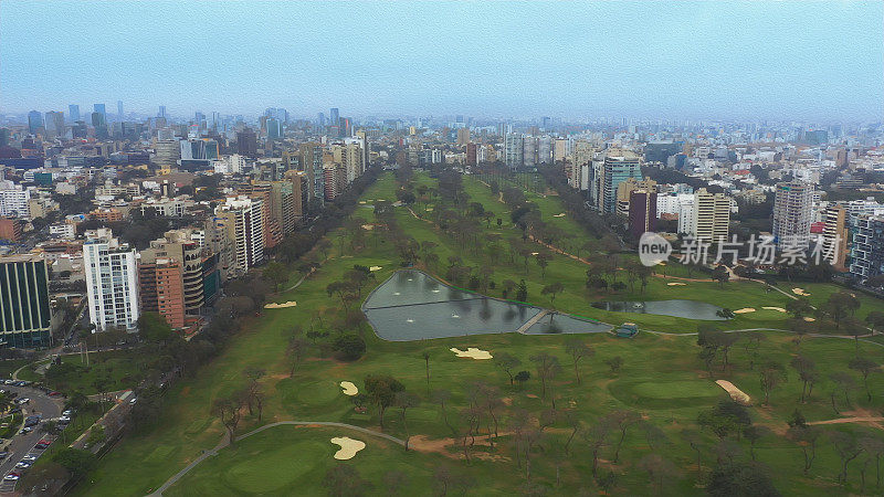 油画全景鸟瞰图圣伊西多罗地区在利马，秘鲁。