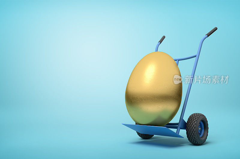在蓝色背景上的手推车上的一个金蛋的3d渲染