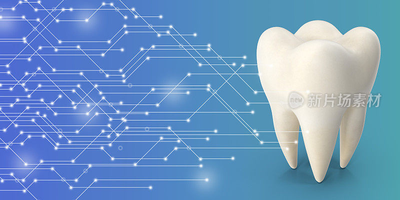 医疗符号图像上的牙齿高科技蓝色背景。