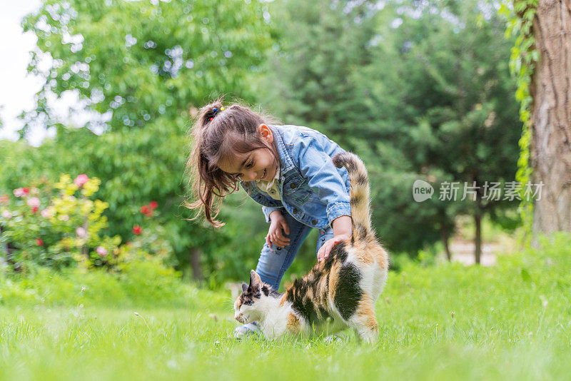 春天美好的一天，小女孩和小猫在户外玩耍