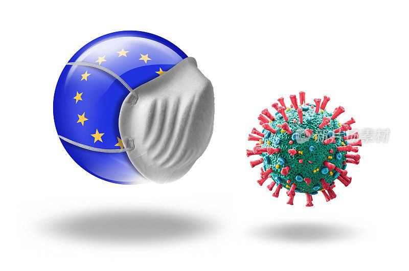 COVID-19冠状病毒面对欧洲国旗与护齿