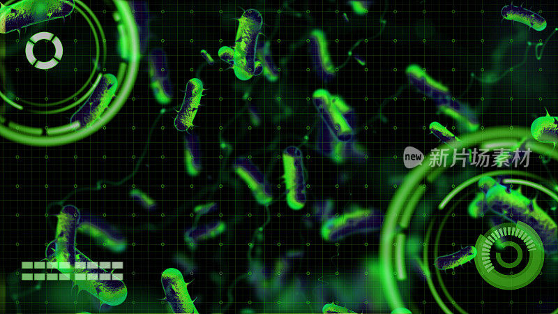 健康医学科学病毒流行病学研究，疾病传播感染分析，3D动画实验室监控屏幕HUD用户界面健康科学技术的未来背景