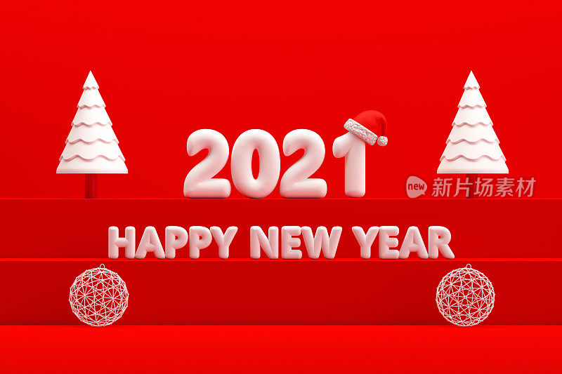 圣诞2021新年概念，红色背景，楼梯站讲台