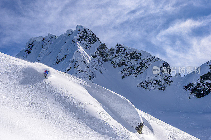 野外滑雪者和滑雪板下降雪山山脊