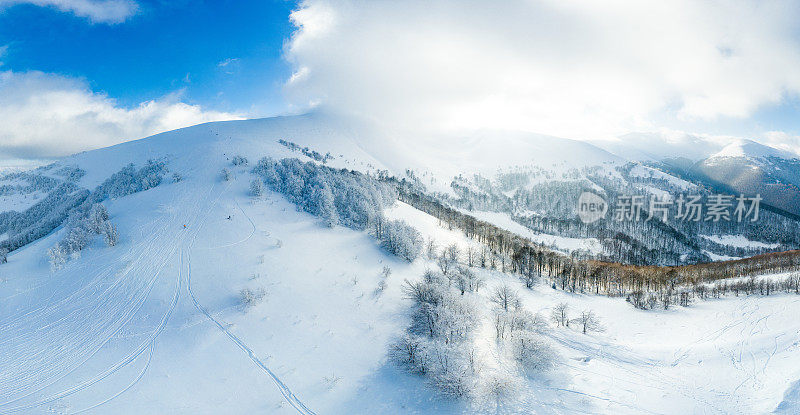 冬天的风景在雾与雪和树枝覆盖着白霜和冰冻的雪。高质量的照片