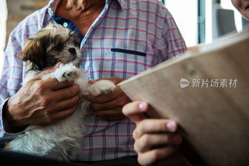 孙子和爷爷一起看相册的特写