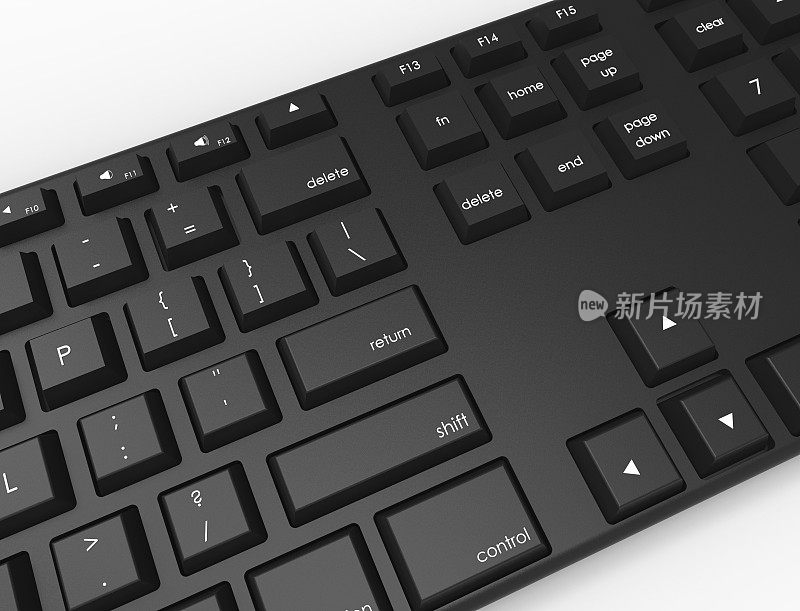一个黑色Qwerty键盘的3D渲染插图顶视图。