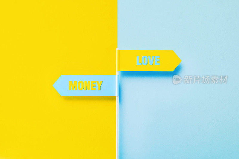 在黄色和蓝色的背景上写着指向相反方向的爱情和金钱的路标