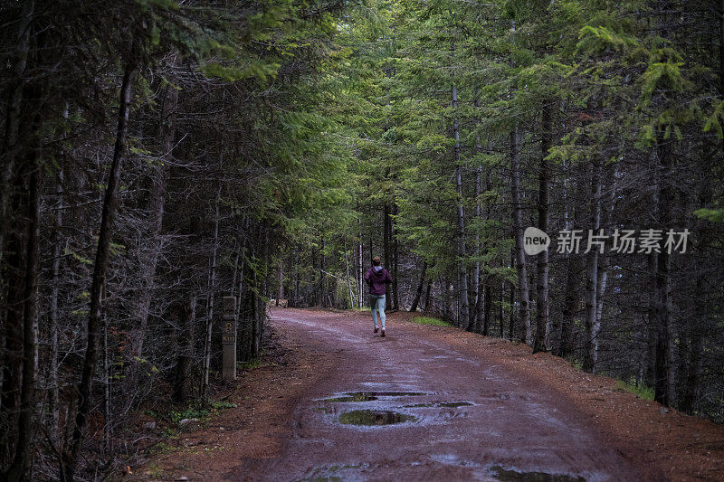 一个女人在茂密的森林里奔跑