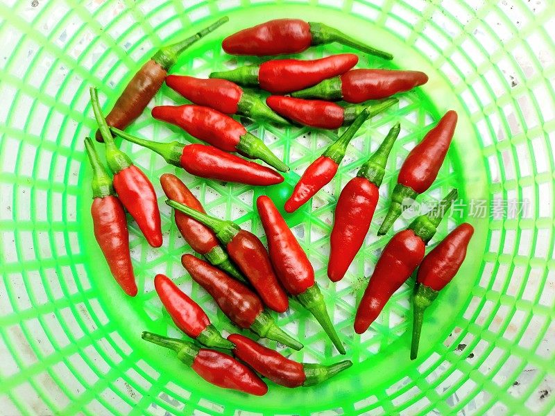 淡绿色篮子里的红辣椒——食物准备。