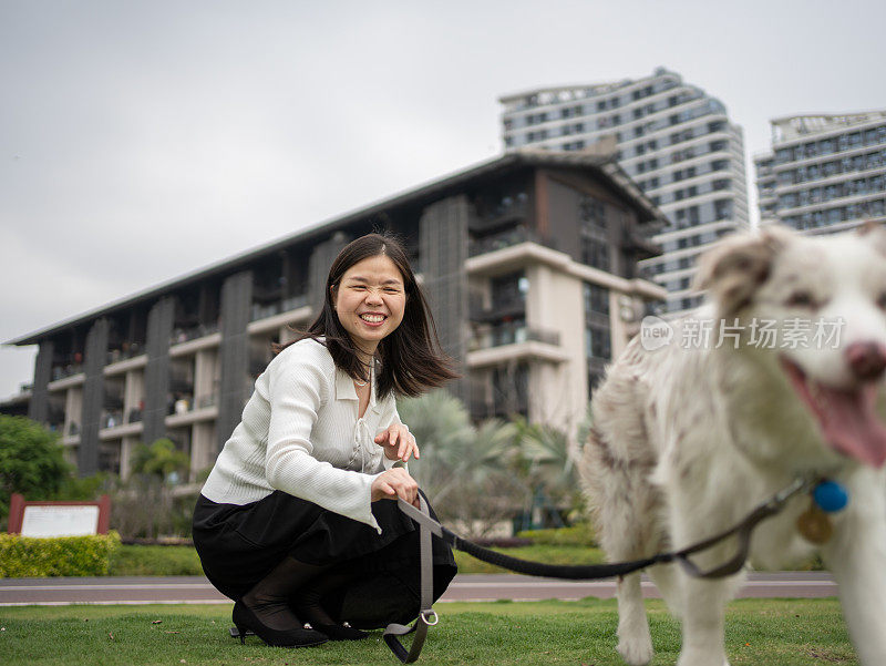 一名妇女在户外与柯利牧羊犬玩耍