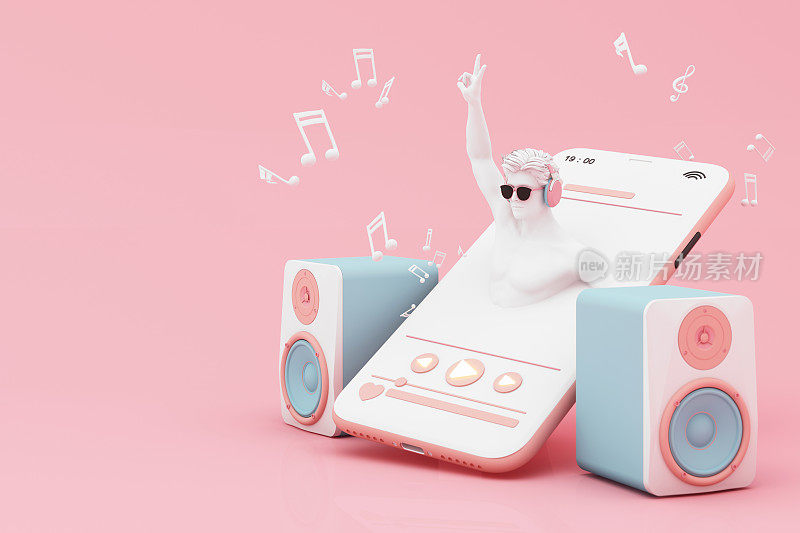 耳机和智能手机与音乐笔记漂浮在粉红色的背景周围扬声器与乐器。概念有趣的歌曲或音乐节与人头雕塑。三维渲染