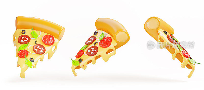 孤立的比萨片与融化的奶酪3d渲染图标集。传统的意大利美食，卡通辣香肠与罗勒叶，意大利腊肠，番茄和橄榄餐厅或比萨店的菜单